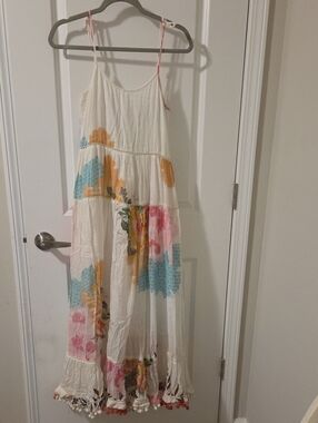 Cream Floral Maxi Sundress with Pink & Blue Accents